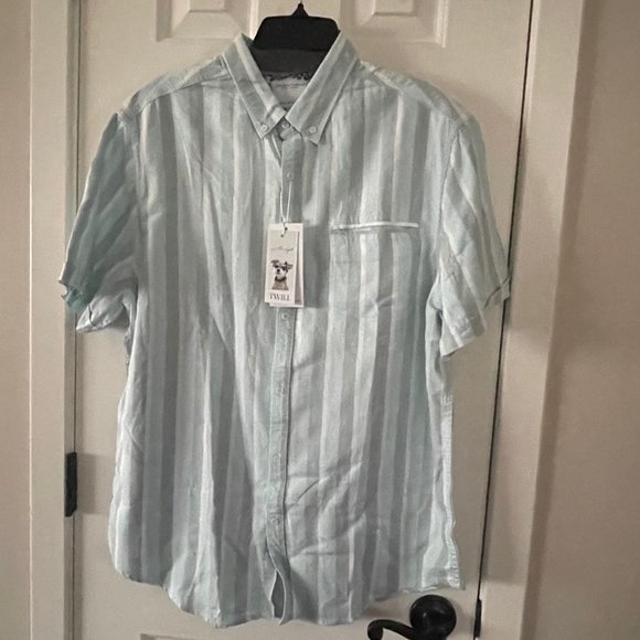 New Denim & Flower Ricky Singh Mint Gray and White Striped Button Down Shirt - Picture 1 of 15
